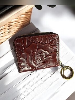 PATRICIA NASH "Malene" Zip Around Embossed Floral Leather RFID Card/Key Holder